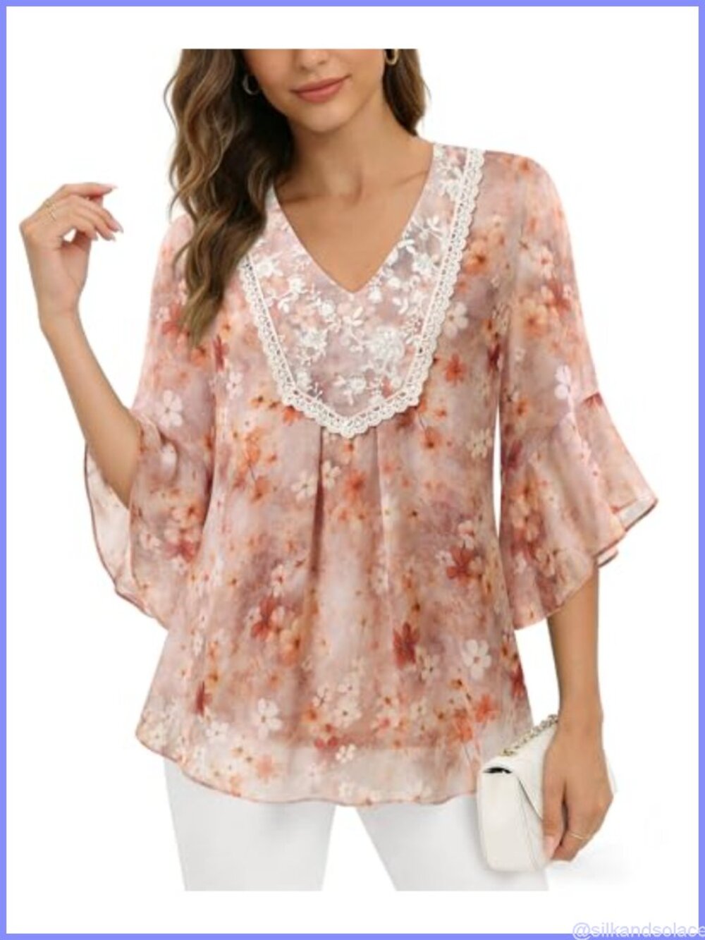 Lotusmile Womens Chiffon Blouse V-Neck 3/4 Ruffle Sleeve Dressy Casual Top